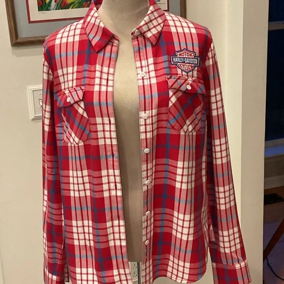 Harley-Davidson Vintage Red, White and Blue Plaid Button-Front Shirt - Picture 9 of 14